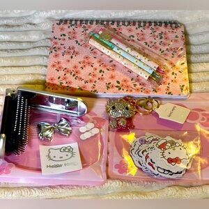 Hello Kitty bundle. 50 HK stickers, 3pens, notebook, HK bag charm, HK brush set